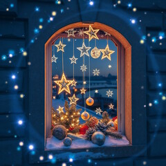 Christmas window decoration with festive mood, stars and baubles, evening city background