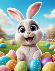3D cartoon Easter bunny with basket full of eggs, green grass field with spring flowers, blue sky
