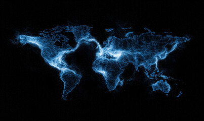Futuristic Digital World Map Showcasing Global Connectivity Through Electric Blue Networks on a Dark Canvas