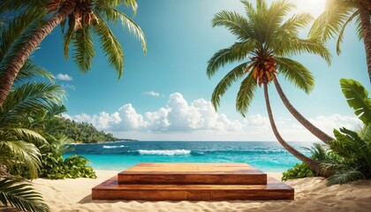 3D Tropical product placement podium stage with summer beach palm tree