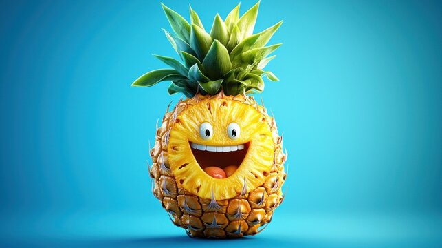 Happy cartoon pineapple on blue background.