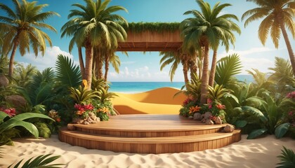 Fototapeta premium 3D Tropical product placement podium stage with summer beach palm tree