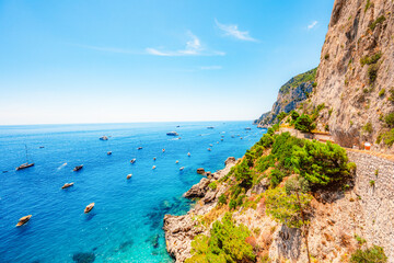 Via Krupp on Capri island in Italy. Faraglioni Rocks, Marina Piccola and Monte Solaro on Capri...