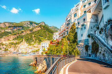 Atrani famous coastline in southern Italy, vertiginous cliffs adorned with colorful villages,...