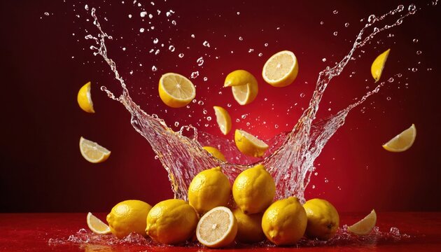 A dynamic explosion of lemons splashing against the background of an all-red gradient red backgorud
