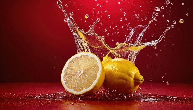 A dynamic explosion of lemons splashing against the background of an all-red gradient red backgorud