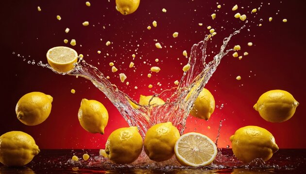 A dynamic explosion of lemons splashing against the background of an all-red gradient red backgorud