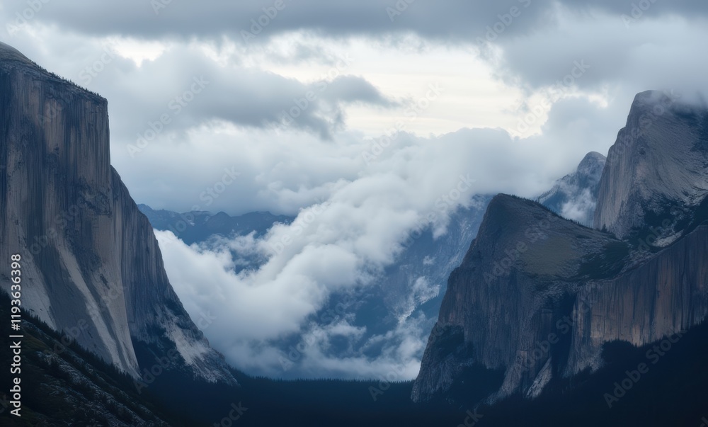 Wall mural Misty mountain valleys under gray skies