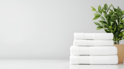 Obraz premium White stack of towels is on a table next to a plant