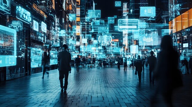 Urban Metropolis Immersed In Digital Information Streams - Powered by Adobe