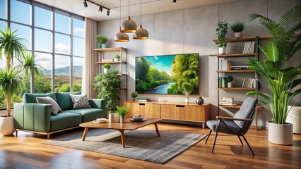 Modern Living Room Interior: Stylish Sofa, TV, & Decor Shelf Stock Photo