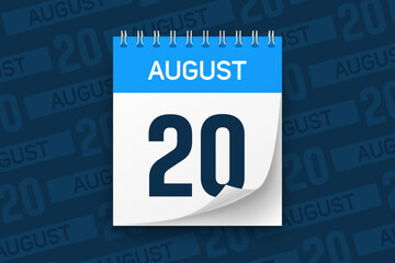 Calendar page with date August 20 vector illustration background