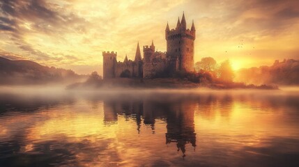 Fototapeta premium Majestic castle on a misty lake at sunset.