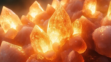 An array of translucent crystals of pink Himalayan salt with natural formations