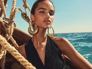 model in a black jumpsuit with gold accents, lounging on a vintage fishing boat