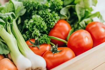 Wooden box contains a variety of vegetables including tomatoes, celery