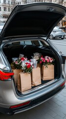 Freshly wrapped flowers pile up in a car trunk, ready for delivery in a vibrant flower service promoting convenience.