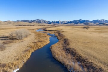 Serene Aerial View of Meandering River Through Golden Grasslands and Majestic Mountains Under Clear Blue Sky in Remote Landscape
