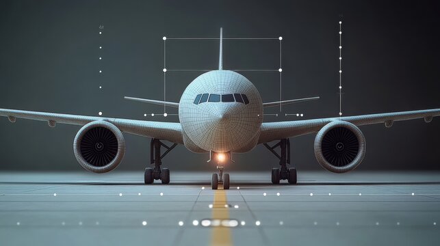 Detailed 3D Wireframe Model of a Modern Commercial Airplane on a Runway with Technical Elements Highlighting Design and Structure for Aviation Enthusiasts and Designers