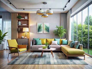 Fototapeta premium Modern Minimalist Living Room with Stylish Air Conditioning Unit - Stock Photo