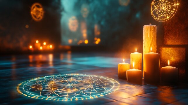 Tranquil sacred space featuring glowing candles intricate mandala patterns soft light symbolizing spiritual serenity and connection