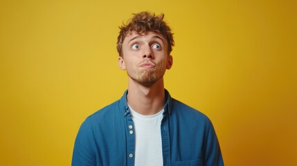 Fototapeta premium Embarrassed Young Male in Blue Shirt Scratching Head, Pondering, Isolated on Bright Yellow Backdrop