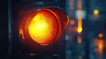 Close-up of an amber traffic light at night.