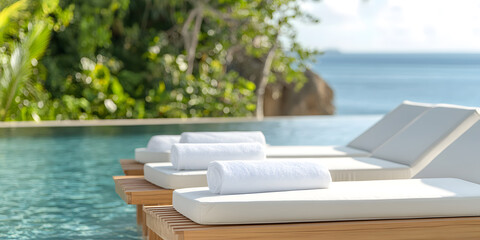 Relaxing poolside scene with pristine white towels on wooden lounge chairs overlooking a tranquil ocean.