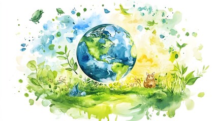 Watercolor Earth surrounded by nature