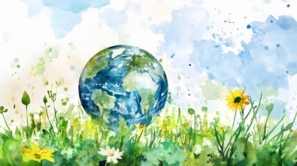 Earth in a field of wildflowers, watercolor style.
