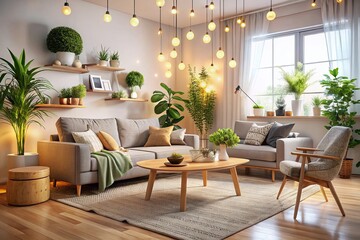 Modern Scandinavian Living Room with Bokeh Lights, Cozy Interior Design, Minimalist Decor