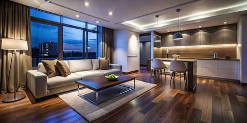 Modern Small Apartment Night Photography - Dark Wood Floors, White Walls