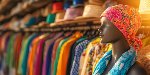 Naklejka premium Colorful clothing and accessories displayed on a mannequin and shelves in a shop.