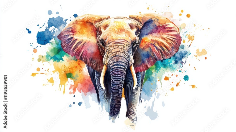 Aufkleber colorful illustration of an elephant surrounded by vibrant splashes of paint in an artistic setting.
