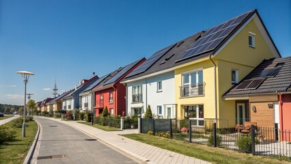Modern Townhouses with Solar Panels, Sunny Day, High-Resolution Stock Photo