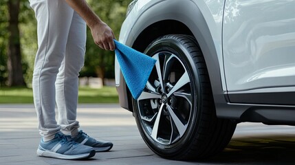 A person is meticulously cleaning the gray wheel of a modern luxury vehicle using a blue microfiber cloth in bright indoor lighting