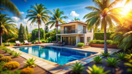 Fototapeta premium Modern Two-Story House with Pool, Palm Trees, Tilt-Shift Photography - Stock Photo