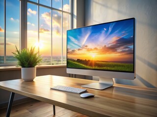 Modern Ultrawide Computer Monitor Mockup in Minimalist Room - AI Generated Stock Photo