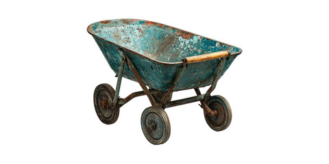 Vintage metal wheelbarrow with rusty texture isolated on transparent background