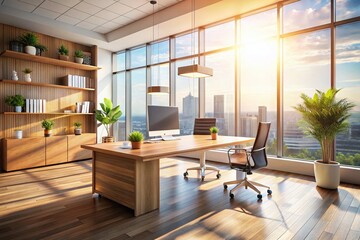 Modern Wooden Desk Panoramic Office Workspace - Bright & Airy 3D Render