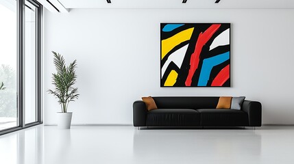 Modern living room featuring abstract art on wall, stylish furniture, and a serene atmosphere