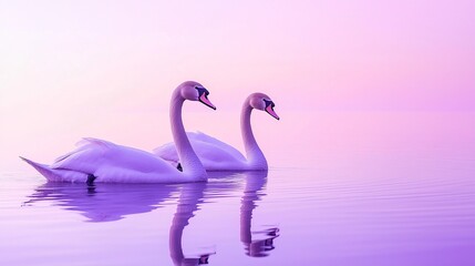 Fototapeta premium Two swans swim at sunrise, calm lake, pastel sky, romance, nature photography