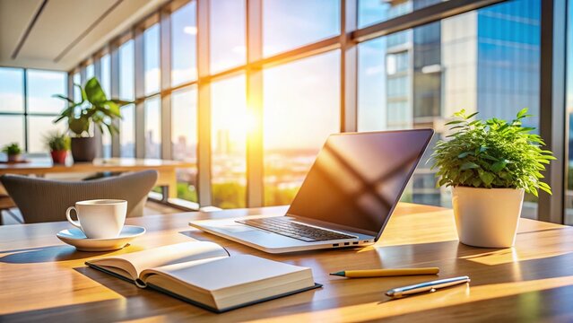 Modern Workspace: Open Notepad on Laptop with Website Bookmarks, Architectural Photography