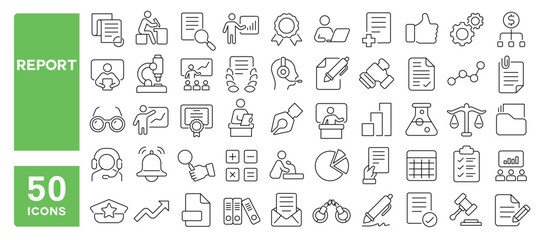 Set of 50 line icons related to report, analysis, checklist, document, paper, clipboard, sheet, chart, survey, application, archive, Editable stroke. Vector illustration
