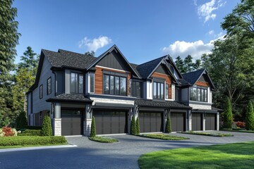 Naklejka premium Modern Townhouses with Dual Garages: A Contemporary Community Development for Family Living