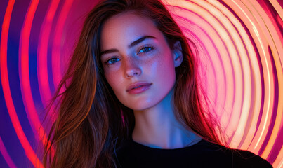 Vibrant Neon Portrait Capturing Youthful Expression with Dynamic Contrast and Contemporary Style