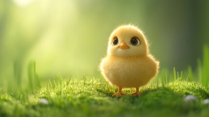 A cute chick on bright green grass in sunlight.