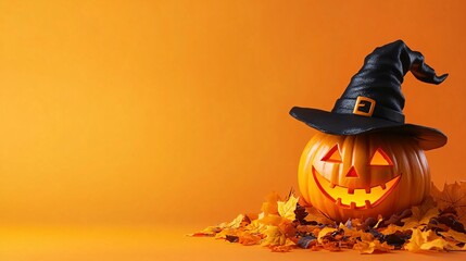 Festive Halloween pumpkin with a witch hat amidst autumn leaves on orange background