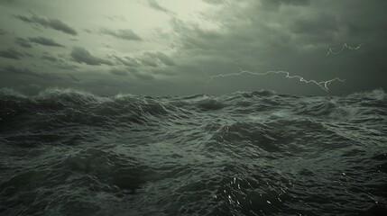 Fototapeta premium Stormy ocean waves with lightning. Use Weather forecast, dramatic background