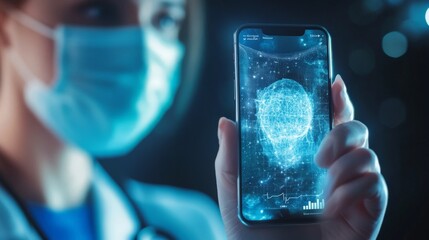 Female doctor with holographic brain scan on smartphone in medical setting